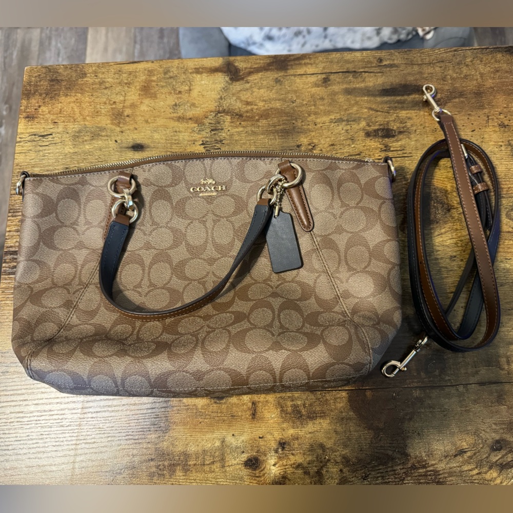 Coach Coated Canvas Brown Signature Print “Kelsey” Crossbody Satchel Purse